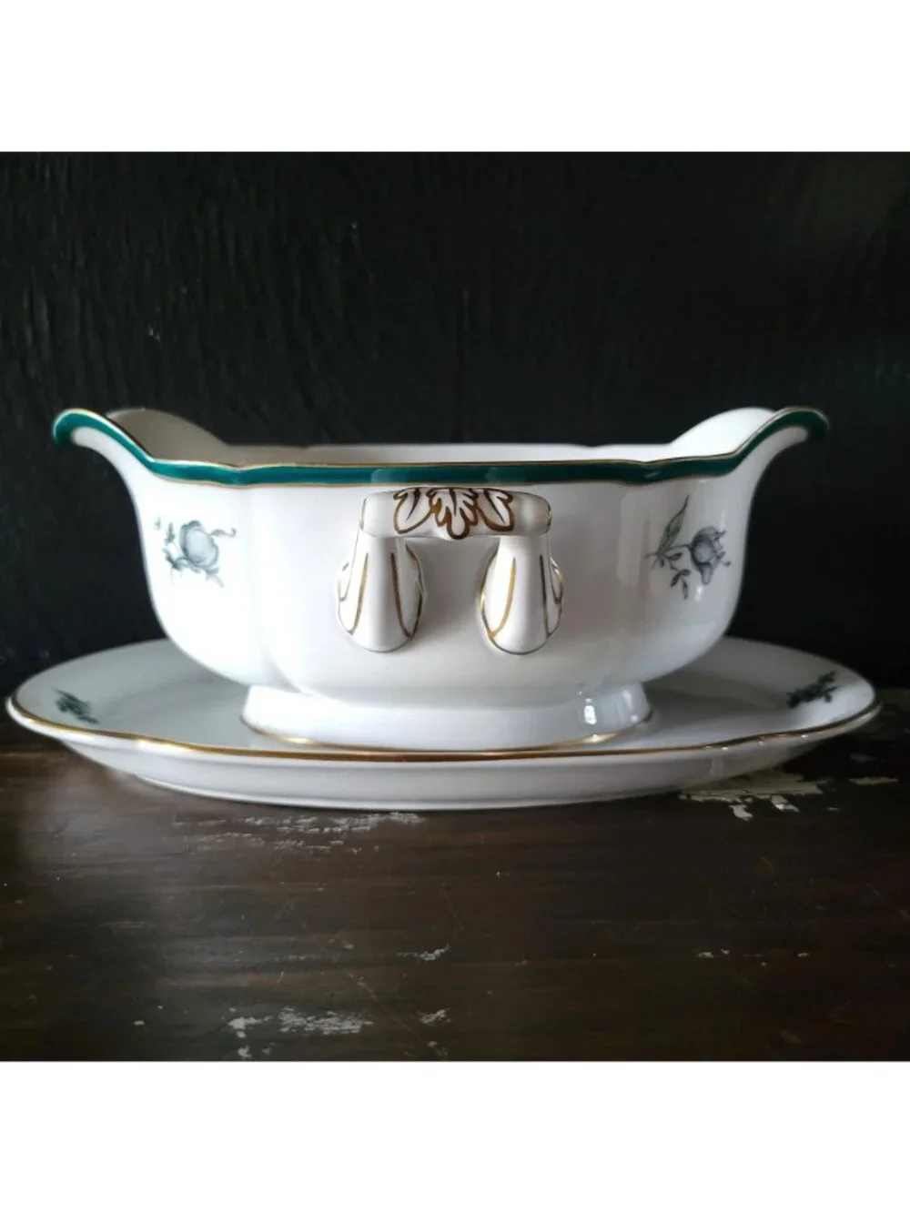 Vintage Royal Bayreuth Teal Tulip Gravy Boat With Attached Underplate